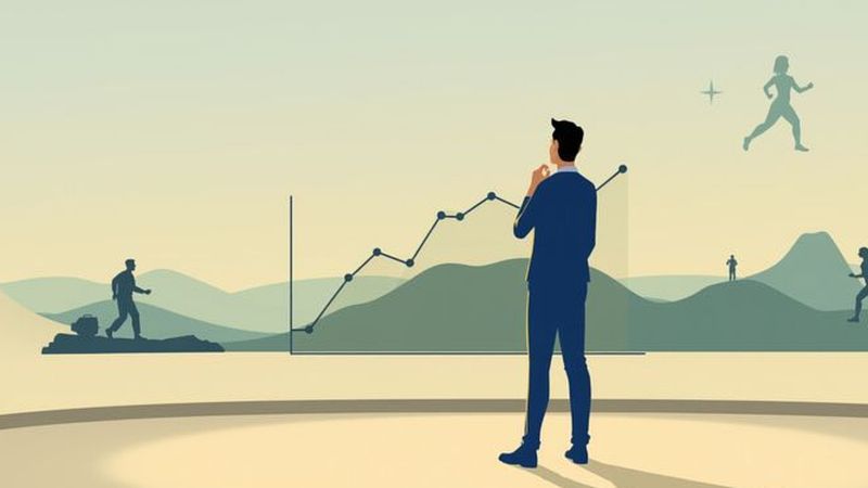 Una figura reflexiona sobre su progreso vital